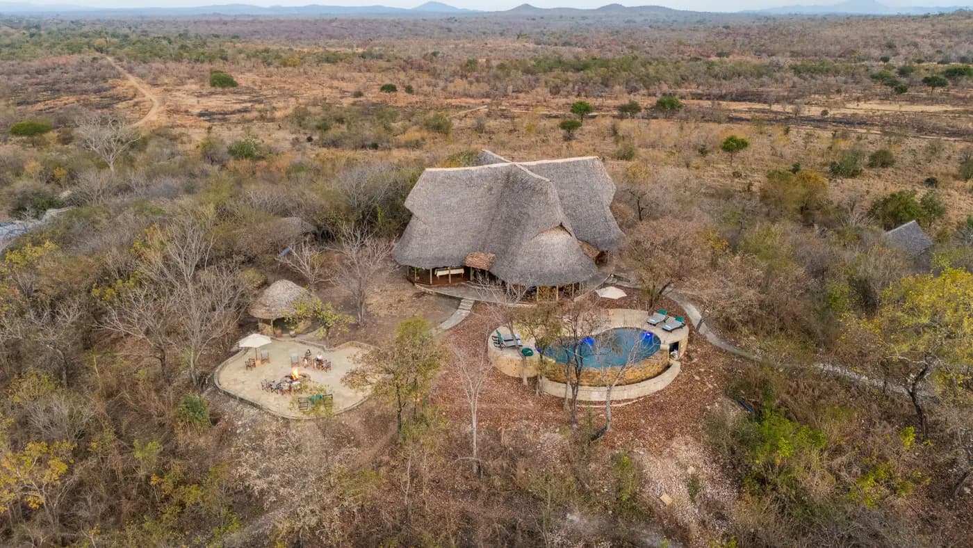 The main lodge and pool from above