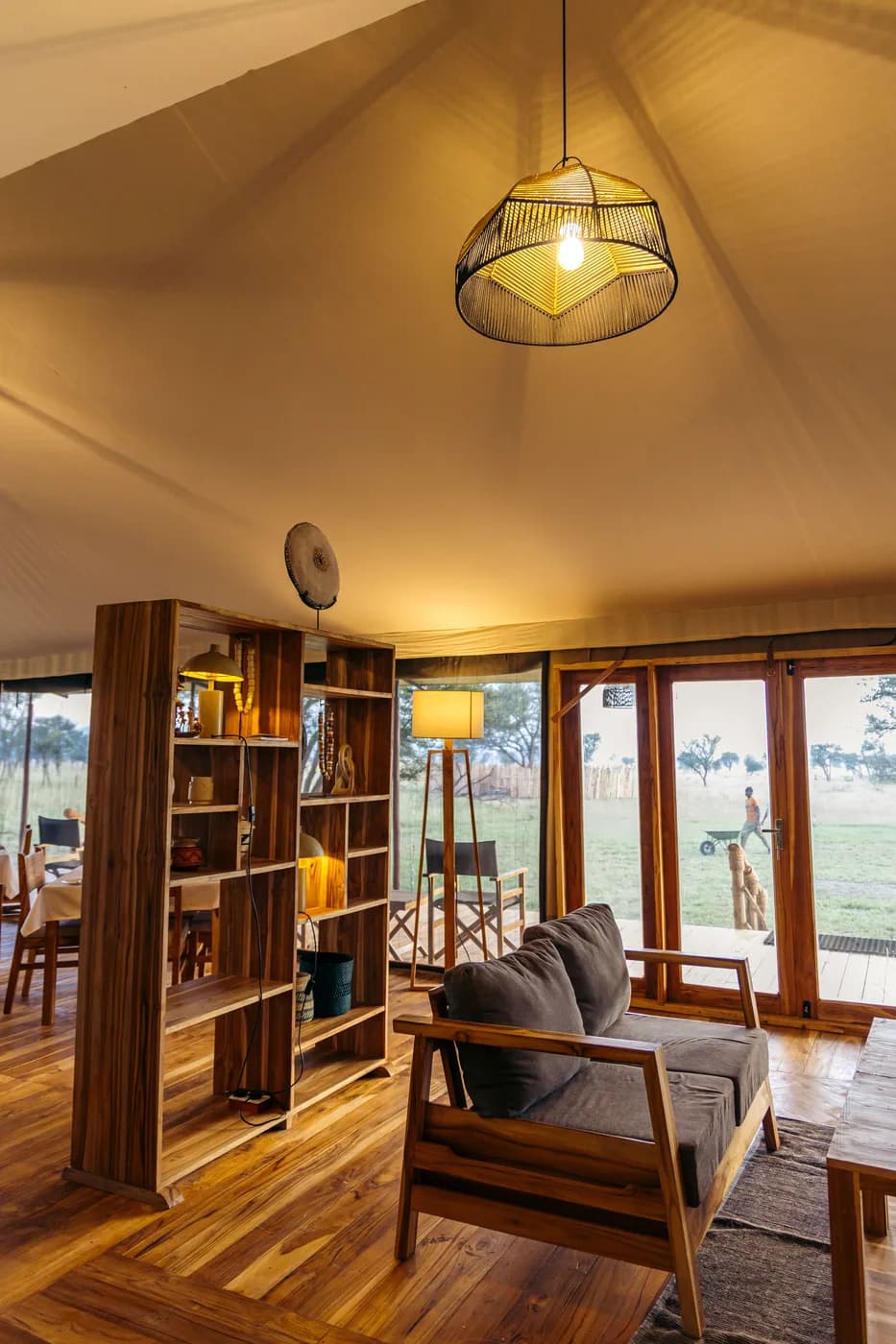 Lounge with shelves and garden view