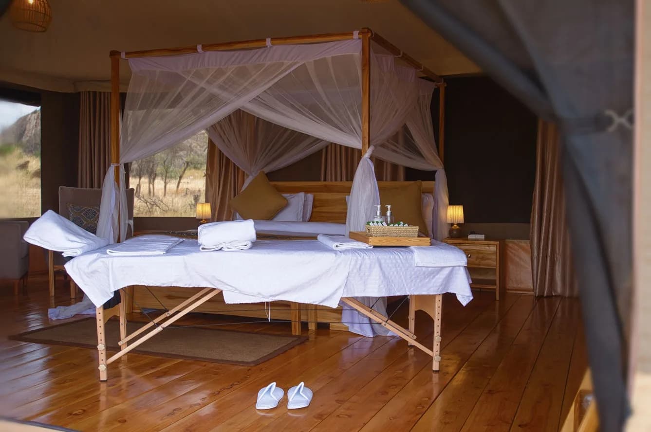 Massage table set up in a tent