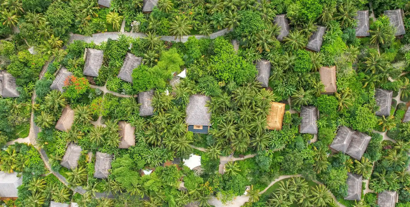 Bungalow roofs in the tropical garden from above