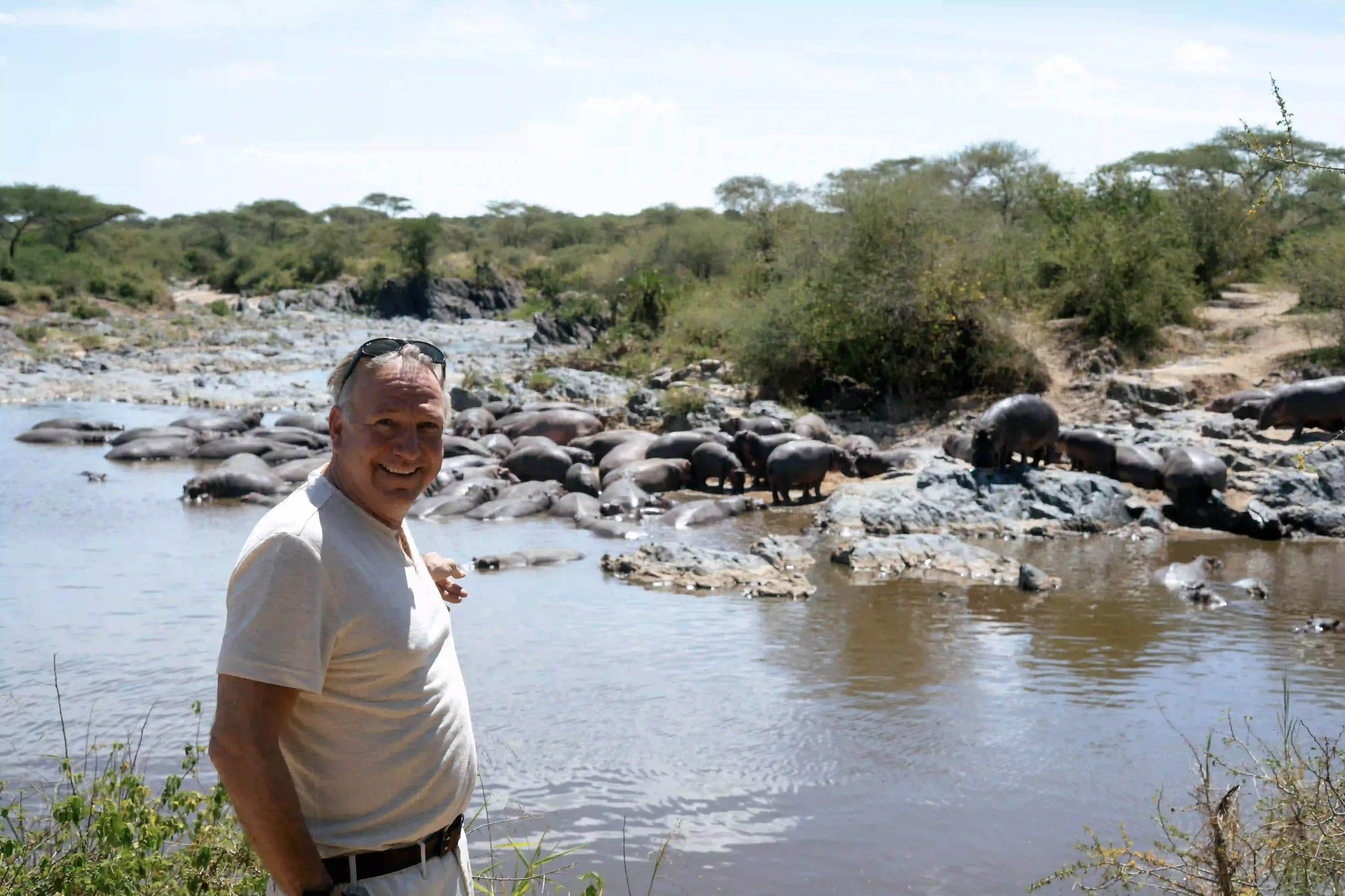 Man standing near a pod of hippos