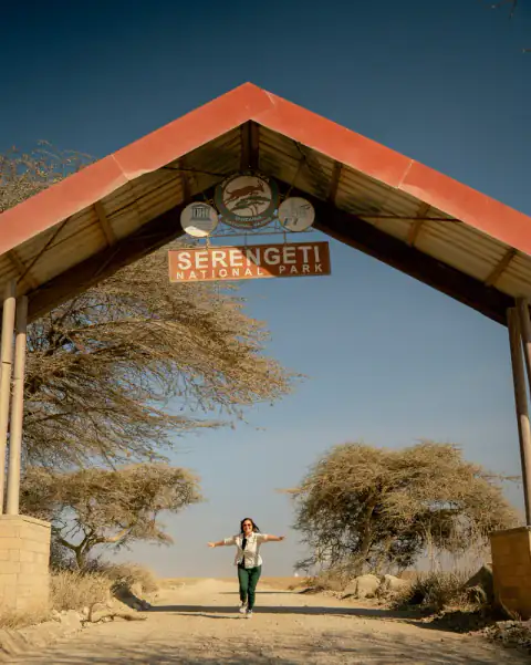 Timber arch of the Serengeti gate against a bare sky
