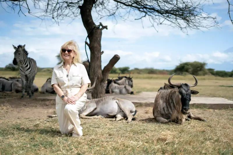 Woman sitting near resting wildebeest and zebra