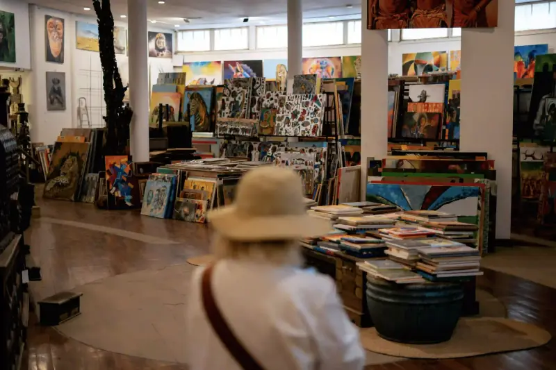 Woman browsing artwork in curio shop