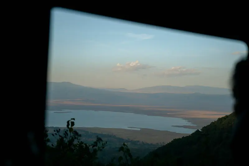 Crater lake seen through the vehicle window