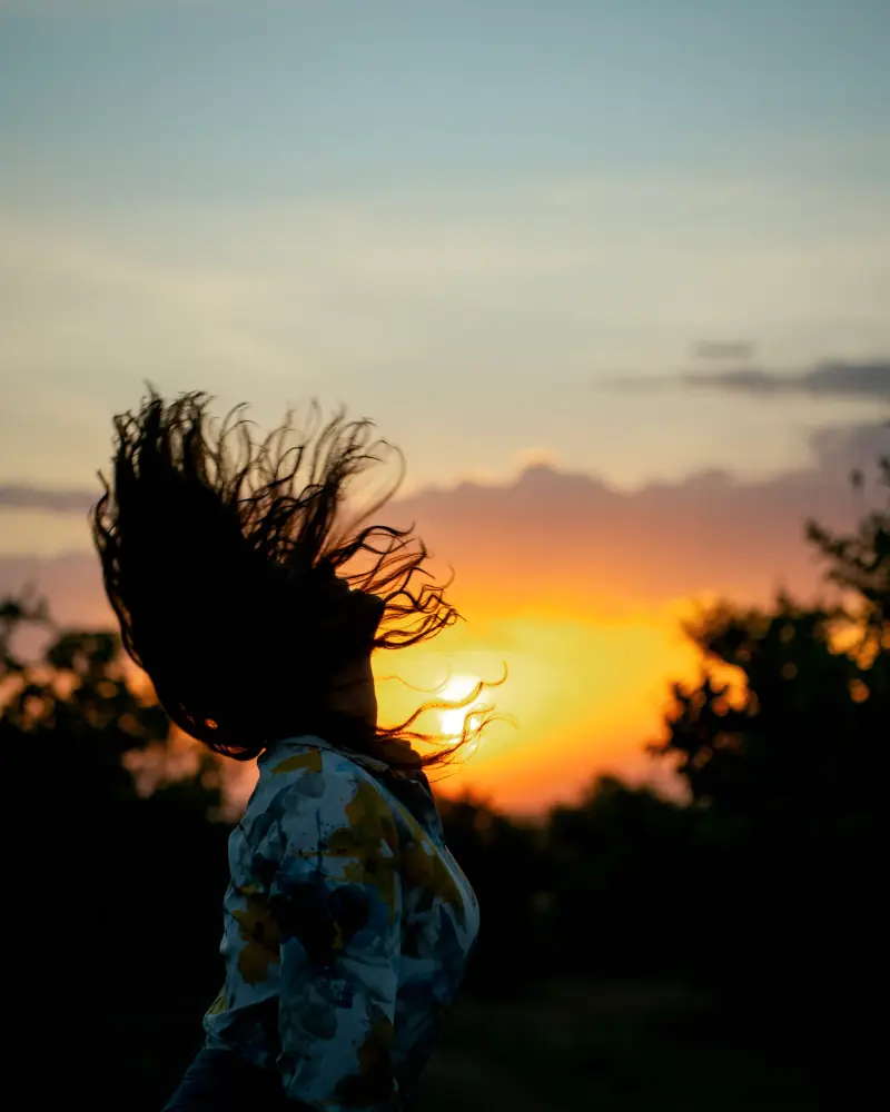 Hair caught mid-flip against a burning sunset