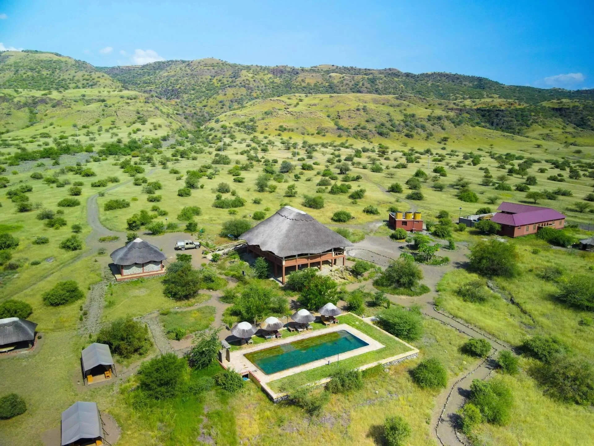 The lodge and pool from the air