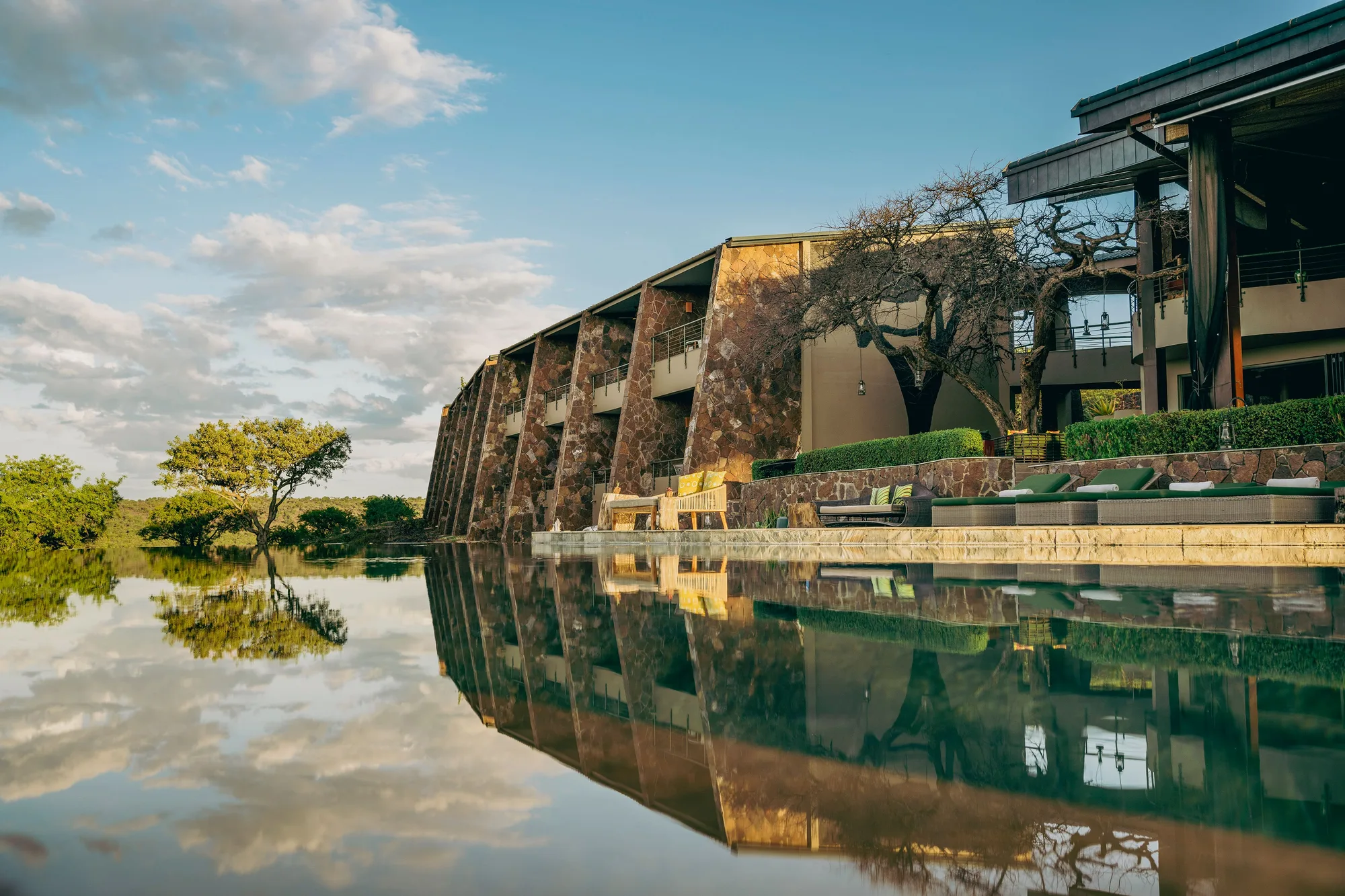 The lodge reflected in the infinity pool